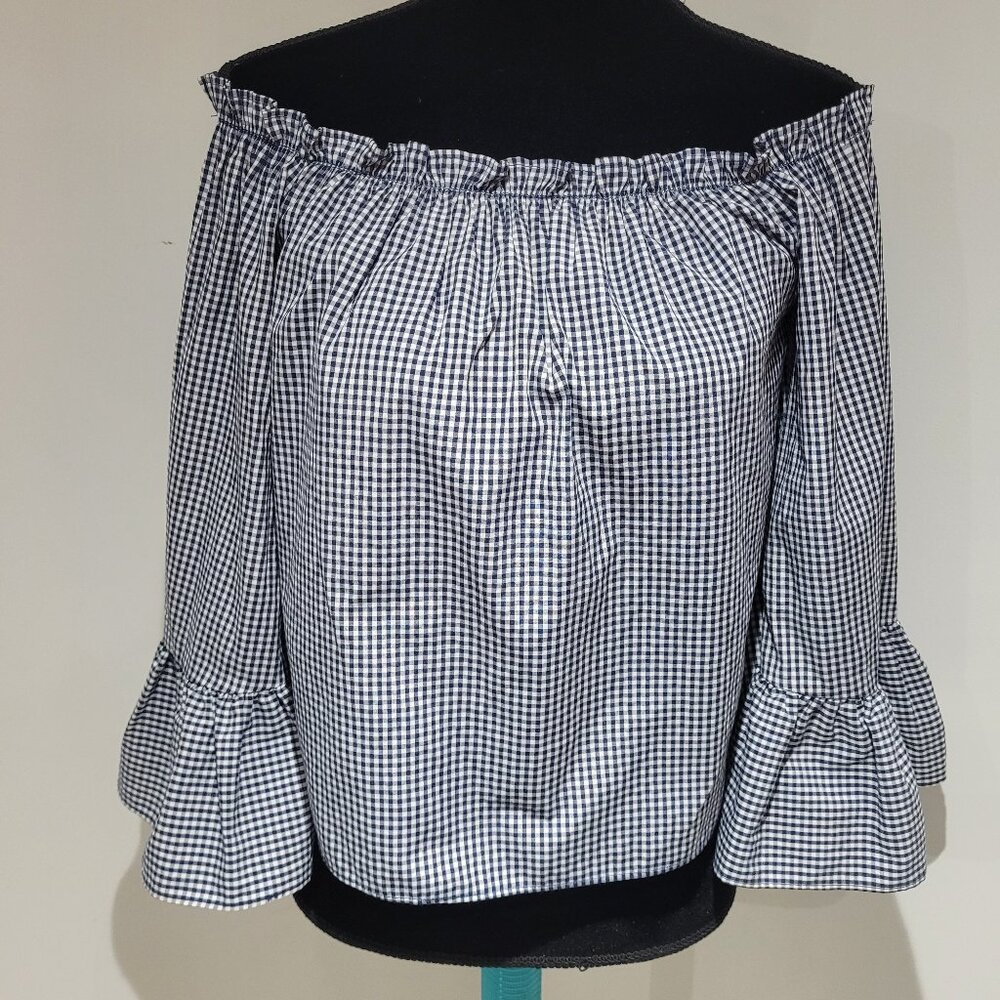 Atmosphere Women's Off Shoulder Ruffled Gingham Blouse 0 Blue White Cottagecore